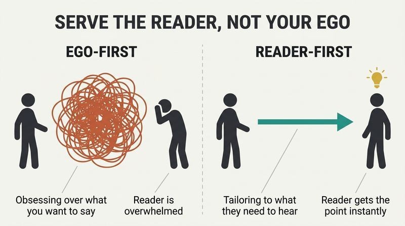 Split panel diagram comparing ego-first communication, where a bloated message overwhelms the reader, to reader-first communication, where a concise message is easily understood.