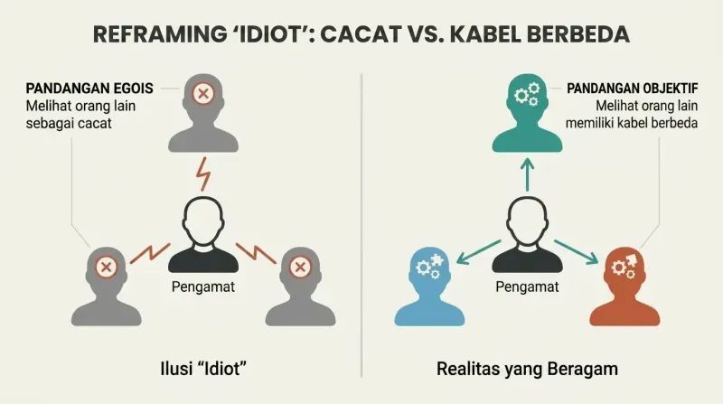 Split panel diagram comparing the egocentric view of others as broken or defective to the objective reality that people simply possess different, valid behavioral profiles.