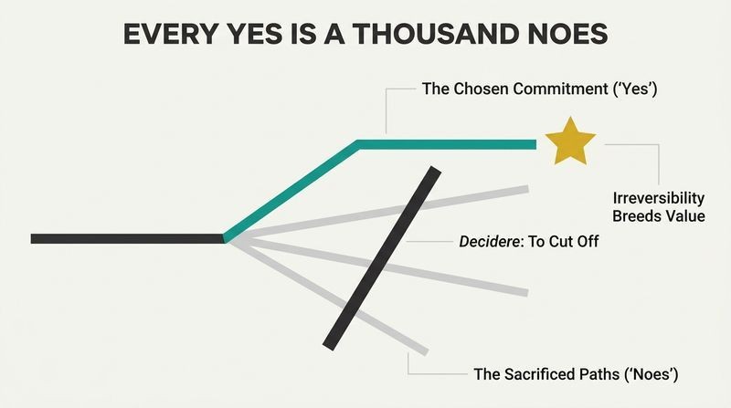 A conceptual diagram showing a single path splitting into five, where a sharp diagonal line cuts off four of the paths in light gray, leaving one unsevered teal path leading to a glowing gold star of meaning.