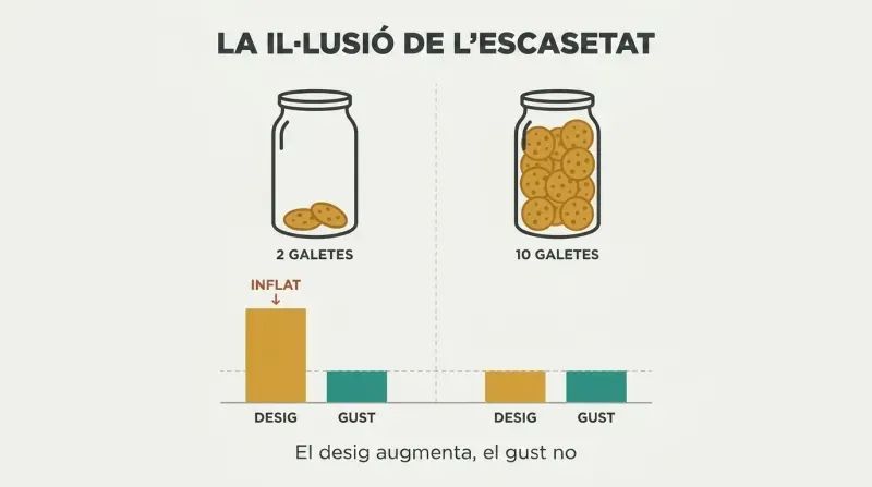 Split comparison of two cookie jars showing scarcity dramatically inflates desire ratings while taste ratings remain identical across both conditions.