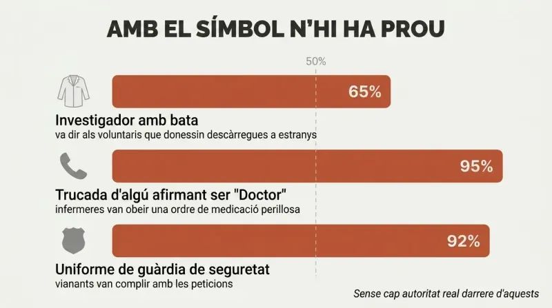 Three horizontal bars showing 65%, 95%, and 92% obedience rates triggered by a lab coat, a doctor's title, and a uniform respectively.