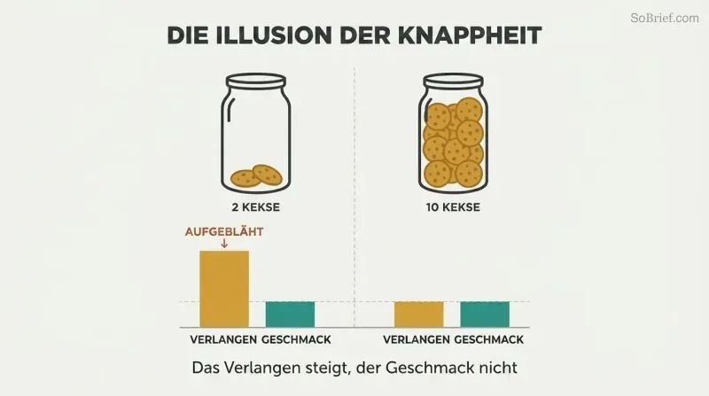 Split comparison of two cookie jars showing scarcity dramatically inflates desire ratings while taste ratings remain identical across both conditions.