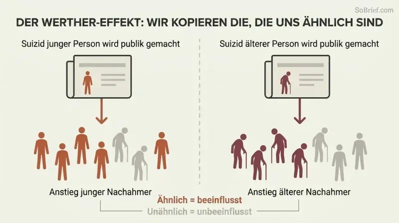 Split panel showing two parallel flows where a young person's publicized death triggers young copycat fatalities while an older person's triggers older ones, revealing similarity-based social proof.