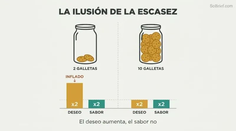 Split comparison of two cookie jars showing scarcity dramatically inflates desire ratings while taste ratings remain identical across both conditions.