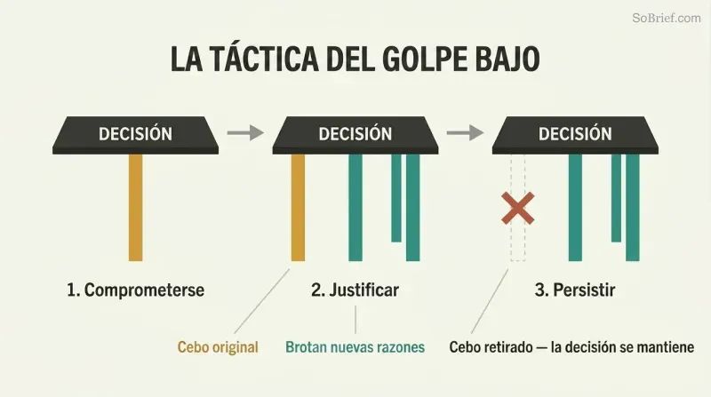 Three-stage table metaphor showing a decision first supported by one original inducement, then gaining self-generated supporting reasons, and remaining stable after the original inducement is removed.