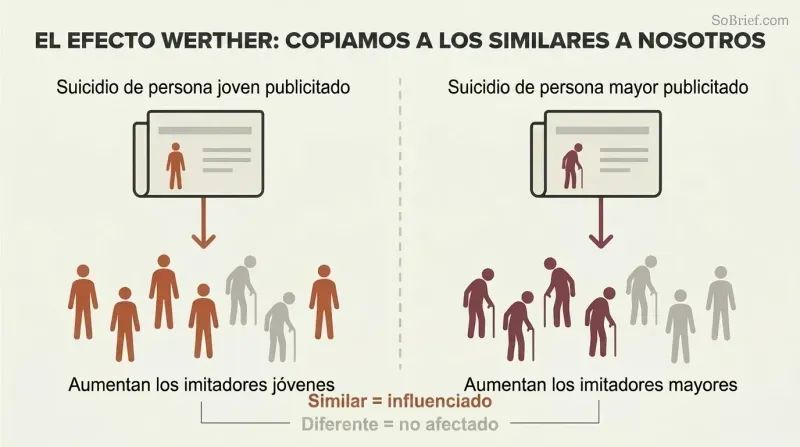 Split panel showing two parallel flows where a young person's publicized death triggers young copycat fatalities while an older person's triggers older ones, revealing similarity-based social proof.