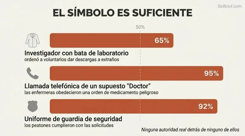 Three horizontal bars showing 65%, 95%, and 92% obedience rates triggered by a lab coat, a doctor's title, and a uniform respectively.