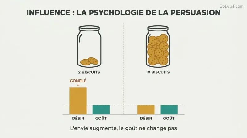 Split comparison of two cookie jars showing scarcity dramatically inflates desire ratings while taste ratings remain identical across both conditions.