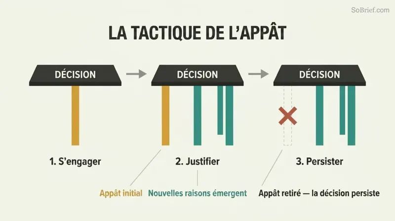 Three-stage table metaphor showing a decision first supported by one original inducement, then gaining self-generated supporting reasons, and remaining stable after the original inducement is removed.