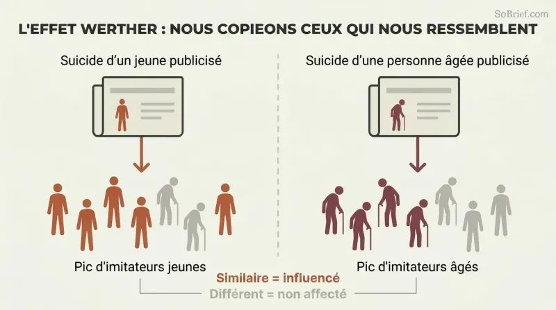 Split panel showing two parallel flows where a young person's publicized death triggers young copycat fatalities while an older person's triggers older ones, revealing similarity-based social proof.