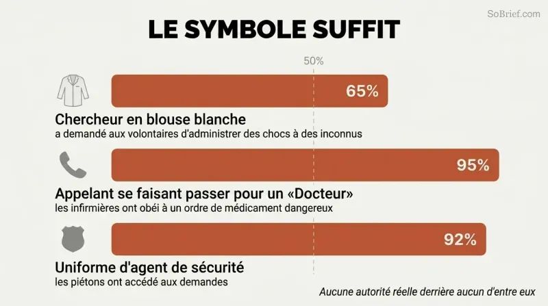 Three horizontal bars showing 65%, 95%, and 92% obedience rates triggered by a lab coat, a doctor's title, and a uniform respectively.