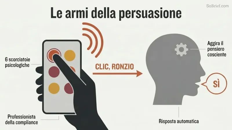 A hand pressing a six-button remote control sends a signal to a human silhouette that automatically responds with "YES," showing how psychological shortcuts bypass conscious thought.