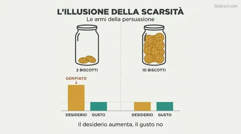 Split comparison of two cookie jars showing scarcity dramatically inflates desire ratings while taste ratings remain identical across both conditions.