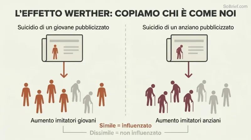 Split panel showing two parallel flows where a young person's publicized death triggers young copycat fatalities while an older person's triggers older ones, revealing similarity-based social proof.