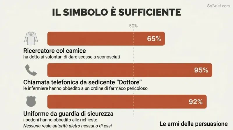 Three horizontal bars showing 65%, 95%, and 92% obedience rates triggered by a lab coat, a doctor's title, and a uniform respectively.
