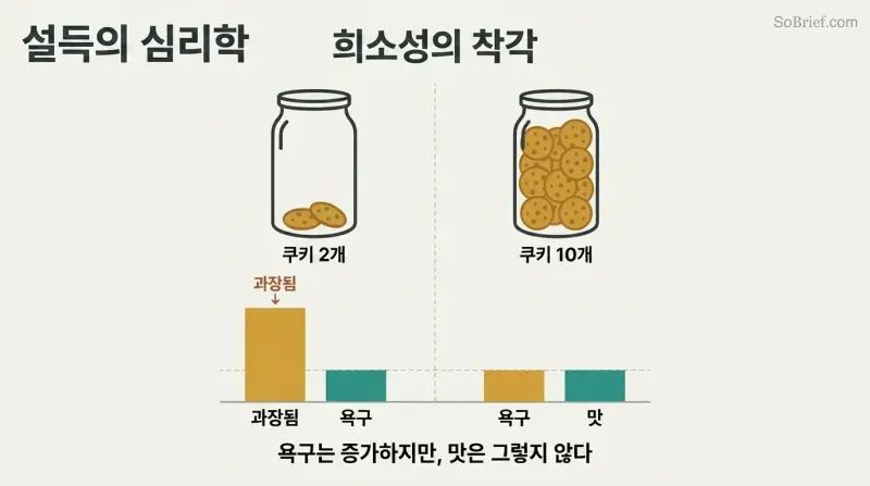 Split comparison of two cookie jars showing scarcity dramatically inflates desire ratings while taste ratings remain identical across both conditions.