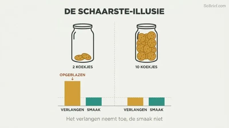 Split comparison of two cookie jars showing scarcity dramatically inflates desire ratings while taste ratings remain identical across both conditions.