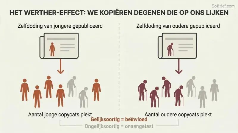 Split panel showing two parallel flows where a young person's publicized death triggers young copycat fatalities while an older person's triggers older ones, revealing similarity-based social proof.