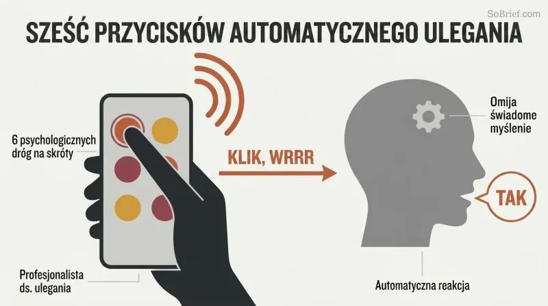 A hand pressing a six-button remote control sends a signal to a human silhouette that automatically responds with "YES," showing how psychological shortcuts bypass conscious thought.
