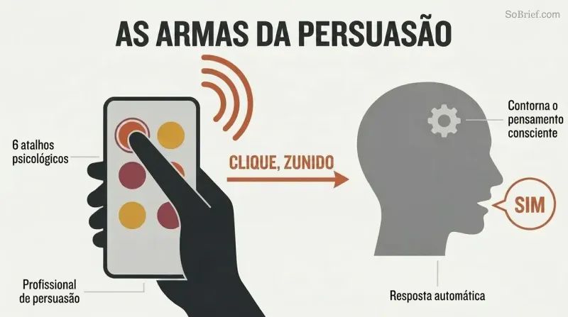 A hand pressing a six-button remote control sends a signal to a human silhouette that automatically responds with "YES," showing how psychological shortcuts bypass conscious thought.