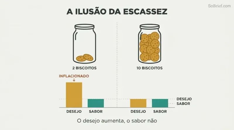Split comparison of two cookie jars showing scarcity dramatically inflates desire ratings while taste ratings remain identical across both conditions.