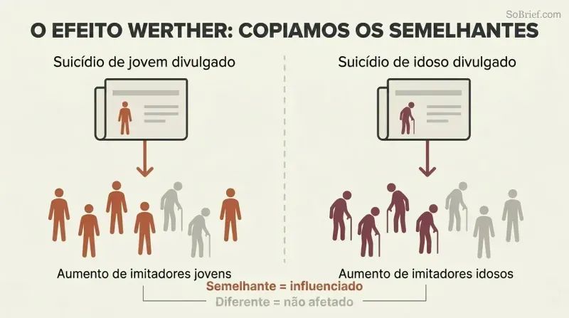 Split panel showing two parallel flows where a young person's publicized death triggers young copycat fatalities while an older person's triggers older ones, revealing similarity-based social proof.