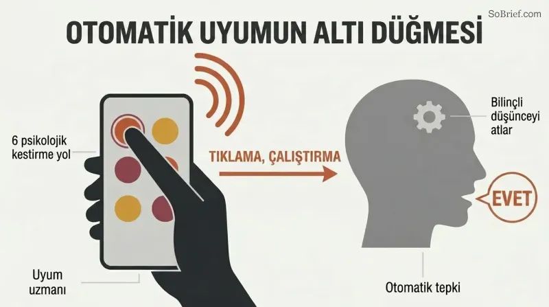 A hand pressing a six-button remote control sends a signal to a human silhouette that automatically responds with "YES," showing how psychological shortcuts bypass conscious thought.