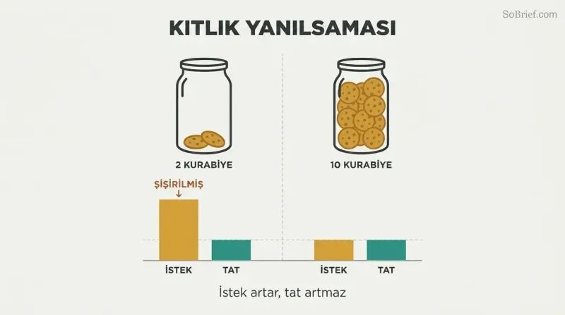 Split comparison of two cookie jars showing scarcity dramatically inflates desire ratings while taste ratings remain identical across both conditions.