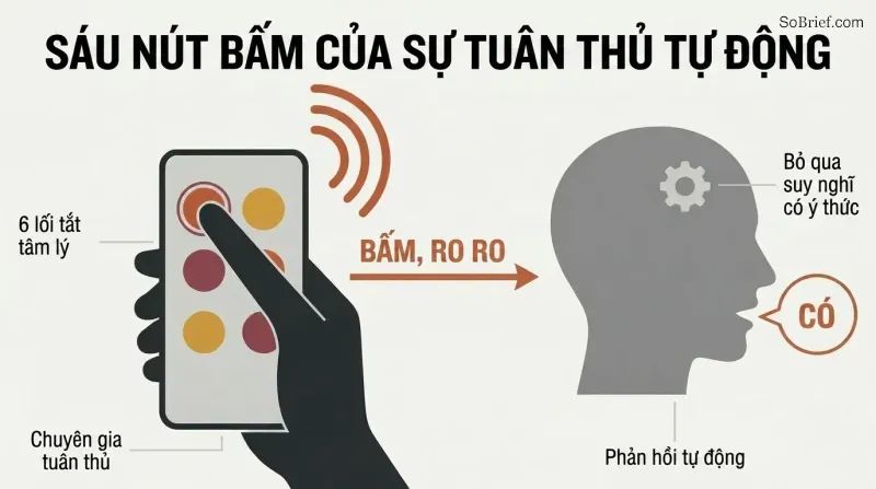 A hand pressing a six-button remote control sends a signal to a human silhouette that automatically responds with "YES," showing how psychological shortcuts bypass conscious thought.