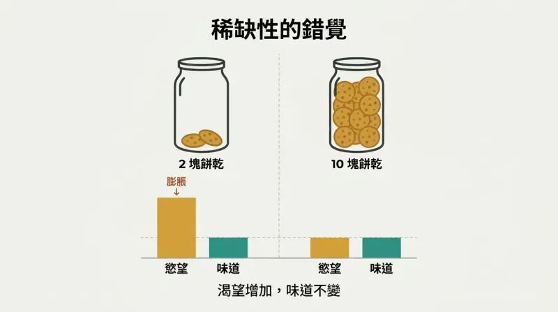 Split comparison of two cookie jars showing scarcity dramatically inflates desire ratings while taste ratings remain identical across both conditions.