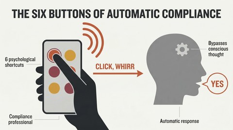 A hand pressing a six-button remote control sends a signal to a human silhouette that automatically responds with "YES," showing how psychological shortcuts bypass conscious thought.