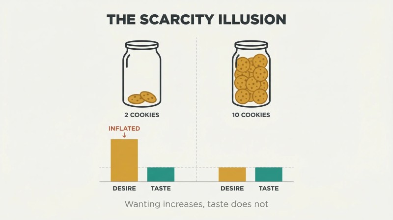 Split comparison of two cookie jars showing scarcity dramatically inflates desire ratings while taste ratings remain identical across both conditions.