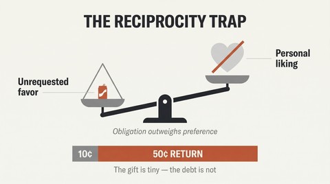 Tilted balance scale showing a tiny unrequested gift outweighing personal liking, with a proportion bar revealing disproportionate returns from small favors.