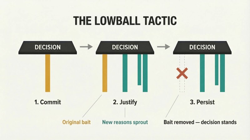 Three-stage table metaphor showing a decision first supported by one original inducement, then gaining self-generated supporting reasons, and remaining stable after the original inducement is removed.