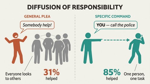 Split panel comparing a vague plea to a passive crowd on the left with a specific pointed command at one person prompting action on the right.