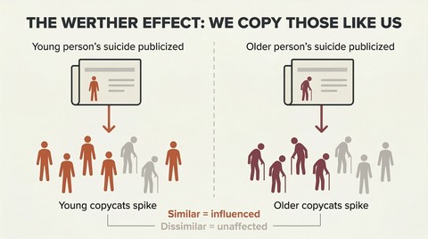 Split panel showing two parallel flows where a young person's publicized death triggers young copycat fatalities while an older person's triggers older ones, revealing similarity-based social proof.
