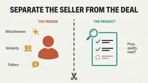 Split panel with a bold divider separating a seller figure surrounded by liking triggers on the left from a product evaluated on its own merits on the right.