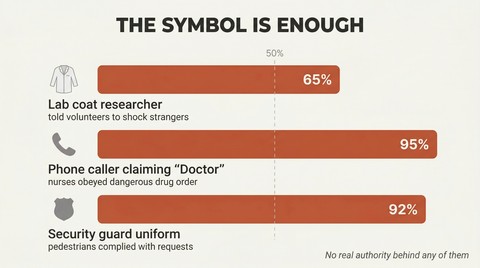 Three horizontal bars showing 65%, 95%, and 92% obedience rates triggered by a lab coat, a doctor's title, and a uniform respectively.