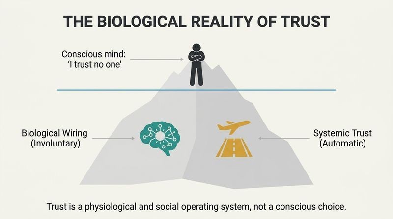 Iceberg diagram showing a defensive silhouette on the tip labeled "I trust no one" contrasted with a massive submerged base representing biological and systemic trust.