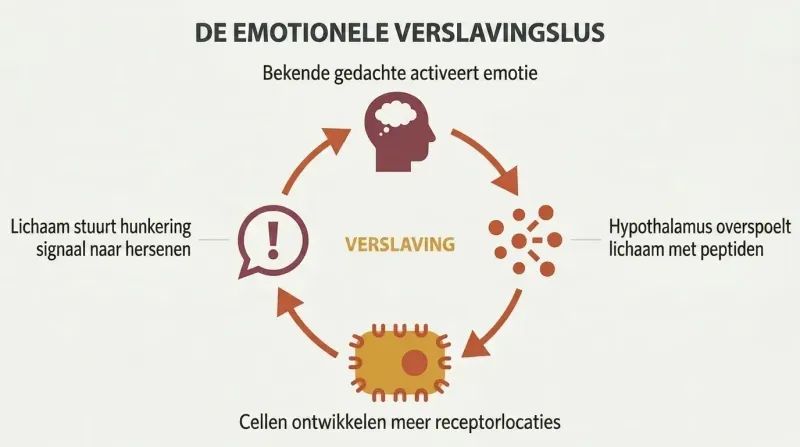 Circular four-stage loop showing how emotions trigger peptides, cells grow more receptors, the body craves more chemicals, and familiar thoughts restart the cycle.