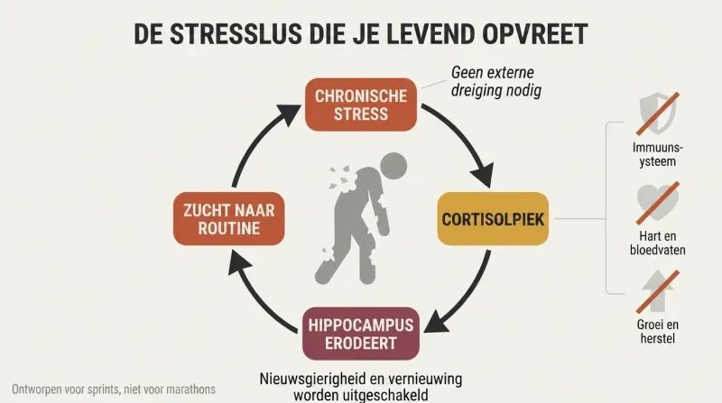 Circular feedback loop showing chronic stress producing cortisol that damages the hippocampus, reducing curiosity and locking the person deeper into survival mode, with body systems shutting down inside the cycle.