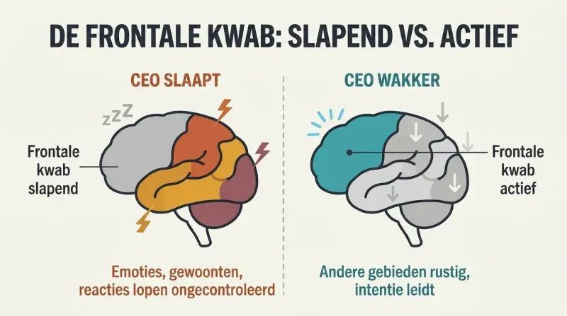 Split-panel comparison of two brain profiles showing a dimmed frontal lobe with chaotic activity versus an illuminated frontal lobe quieting other regions.