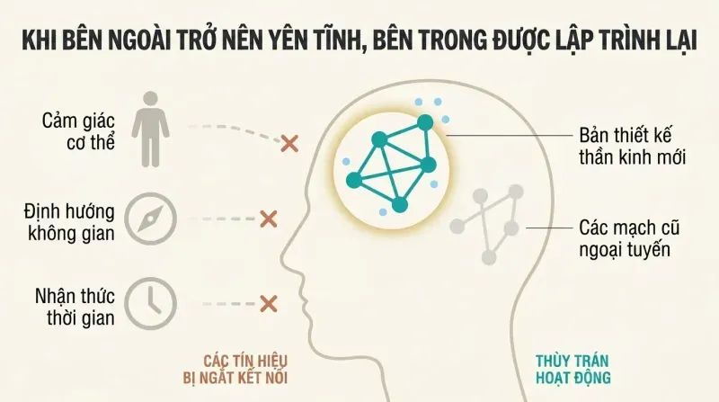 Head silhouette with three fading external signals for body, space, and time outside, and bright new neural connections forming inside.