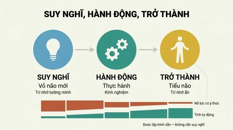 Three-stage horizontal progression showing how skills move from conscious thinking through practice to automatic embodiment, with effort decreasing at each stage.