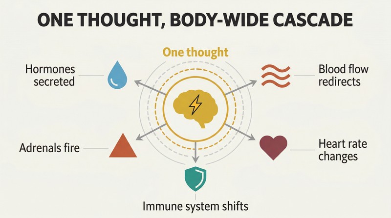 Hub-and-spoke diagram showing a single thought at the center radiating outward to five body systems it simultaneously alters chemically.
