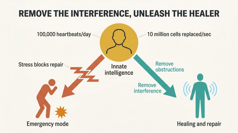 Fork diagram showing the body's innate intelligence either diverted to emergency mode by stress or flowing freely toward healing and repair.