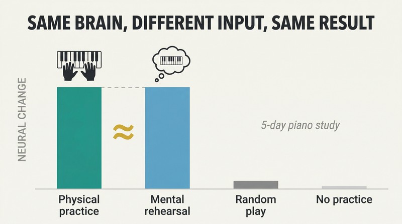 Bar comparison showing physical piano practice and mental rehearsal producing nearly equal neural growth, while random play and no practice produce almost none.