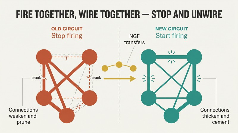 Split panel showing a thick terracotta neural network pruning while its building materials transfer as gold particles to a growing teal neural network.