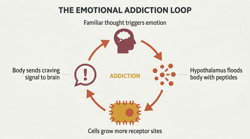 Circular four-stage loop showing how emotions trigger peptides, cells grow more receptors, the body craves more chemicals, and familiar thoughts restart the cycle.