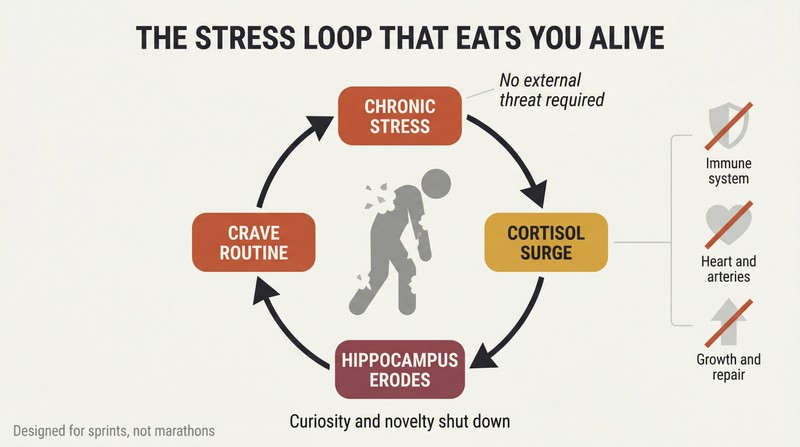 Circular feedback loop showing chronic stress producing cortisol that damages the hippocampus, reducing curiosity and locking the person deeper into survival mode, with body systems shutting down inside the cycle.